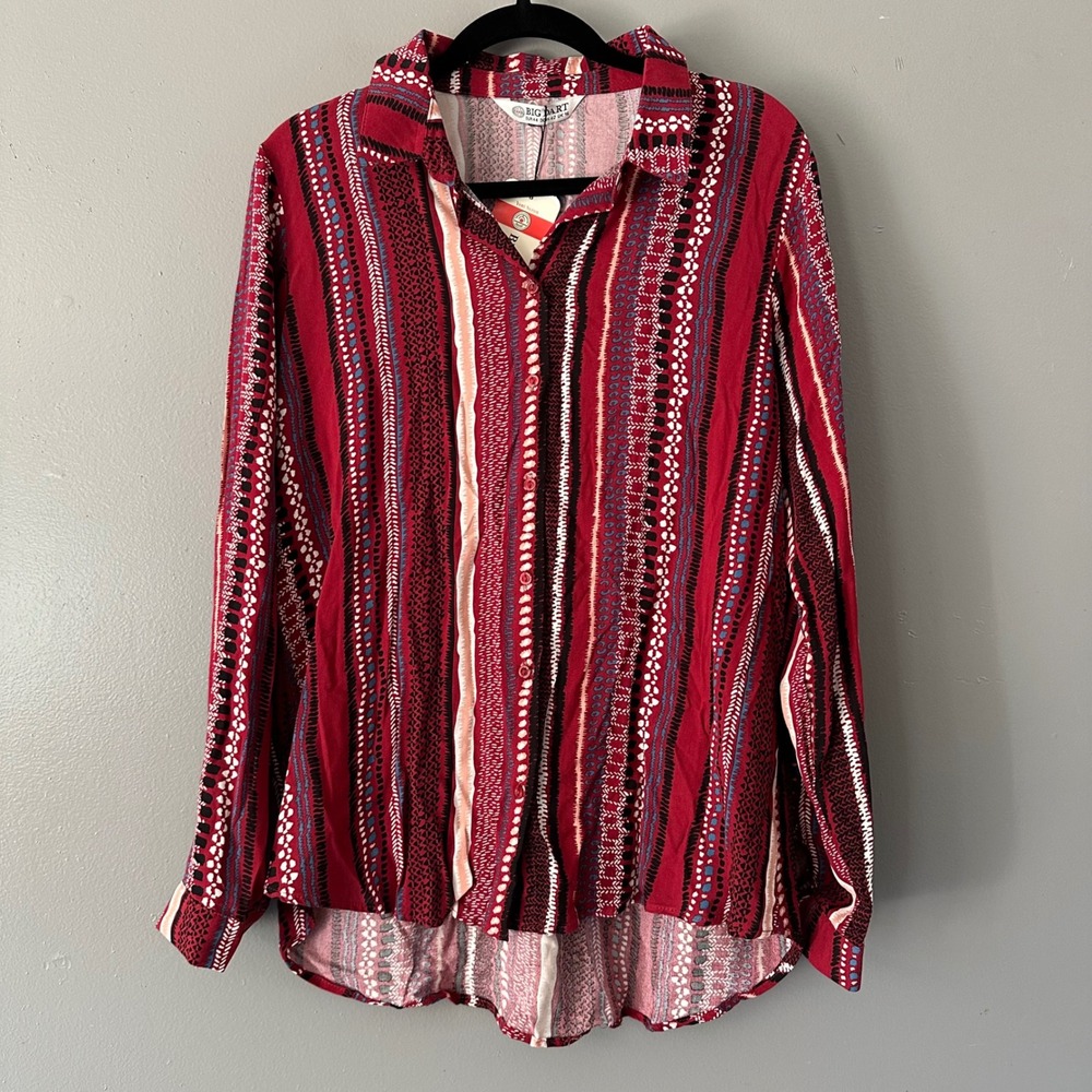 Big Dart Long Sleeve Striped Abstract Print Burgundy Button‎ Up Top EU 44 US XL